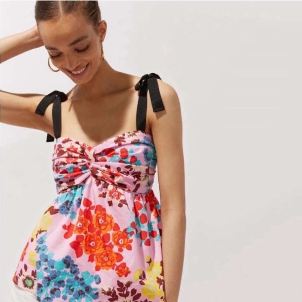 Peter Som for Anthropologie Floral Top Tie Shoulder Pink Multi Size S